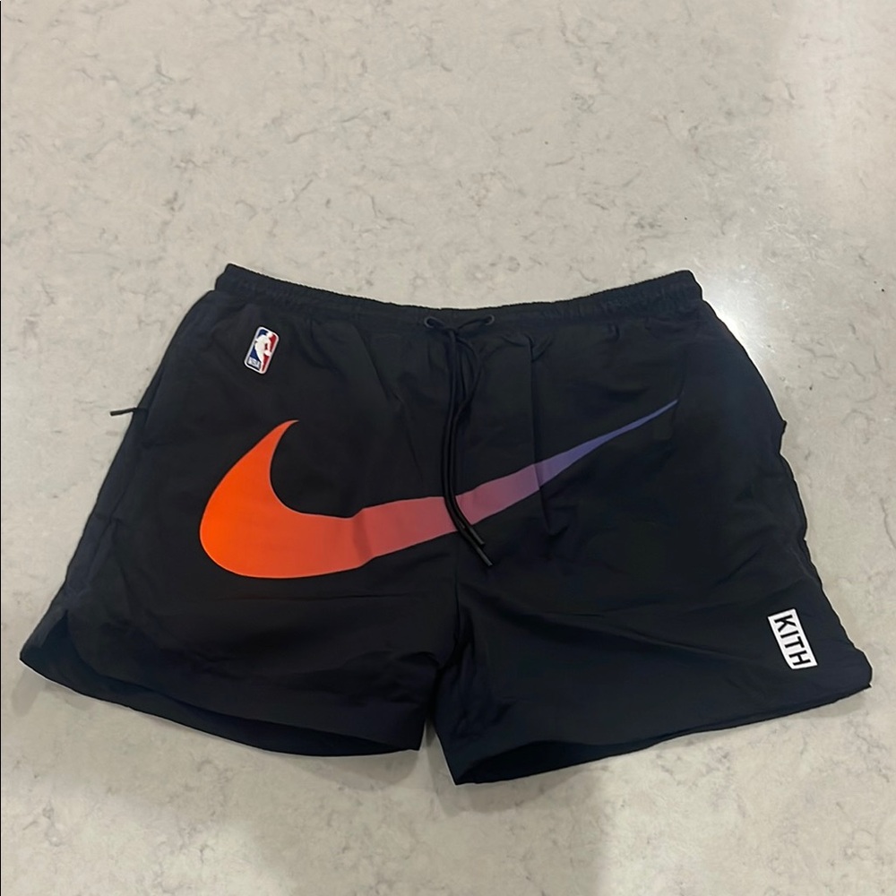 BNWT Kith X Nike Men's Black Shorts with Orange Swoosh & NBA & kith logo size XL